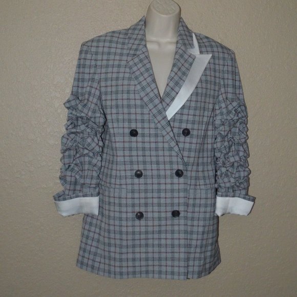 NWOT $1490 Sz 4 Hellessy Gray Plaid Walker Scrunched Sleeve Blazer - Picture 1 of 7